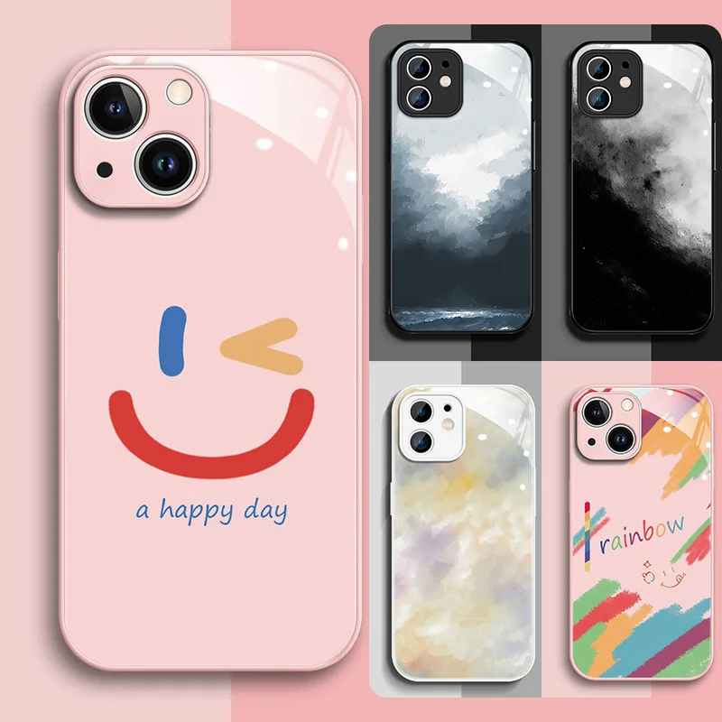 

Liquid Tempered Glass Phone Case For iPhone 7 8 11 12 13 14 Pro X XS MAX XR Plus Shockproof Silicone Smile Cute Back Cover