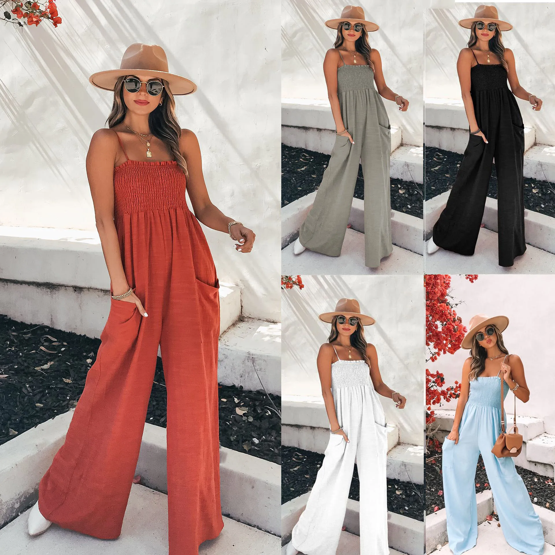 2022New Spring and Summer Sexy Sling Loose Casual Jumpsuit Fashion Vacation Wide Leg Jumpsuit