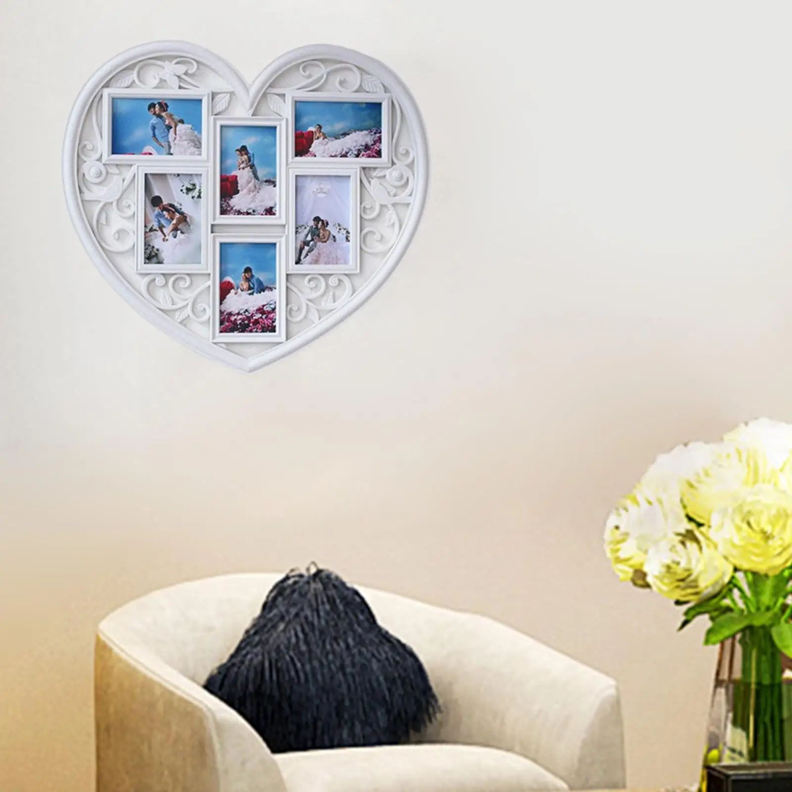 

Heart Shaped Wall Decor Collage Picture Frame Decoration 6 Openings 4x6 White Family Photo Frame for Living Room Home Decor
