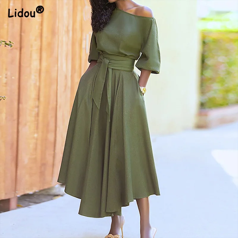 

Young Style Diagonal Collar Solid Color Elegant Mid Calf A-LINE Dresses Elegant Elastic Waist Belt Summer Women Clothing 2022
