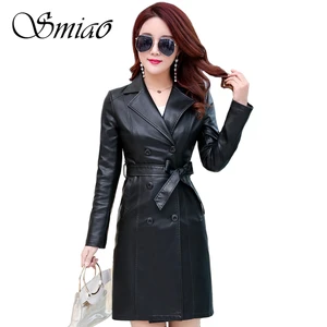 Куртка женская кожаная двубортная, длинный черный Тренч с поясом, Осень-зима 2021