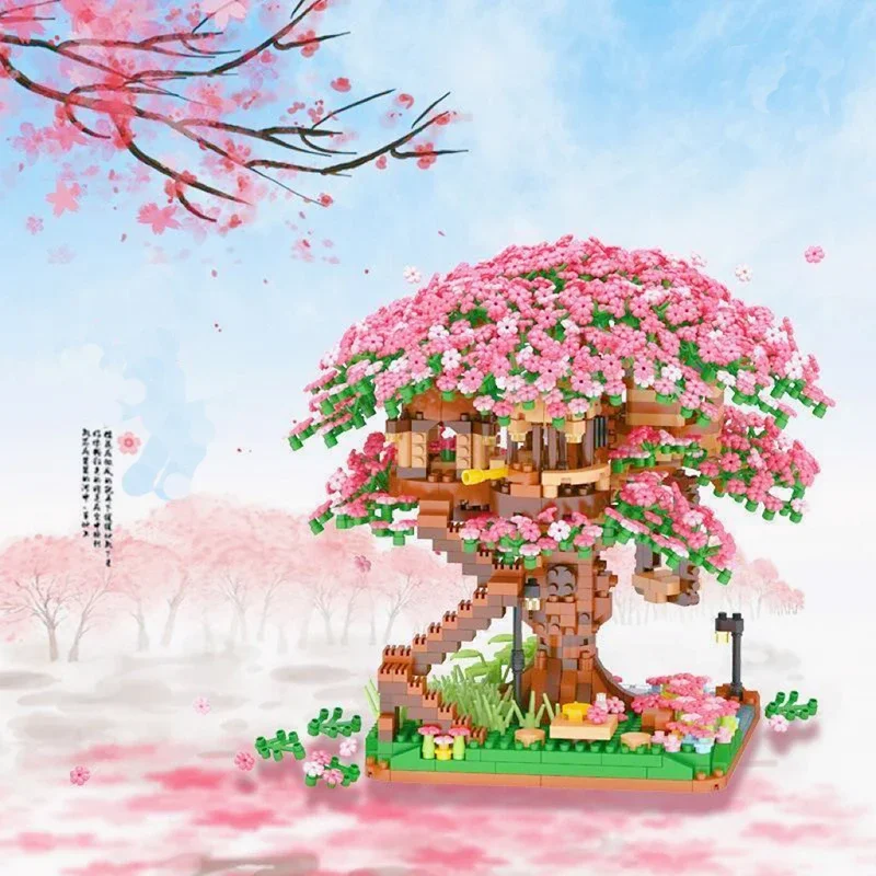 

Mini Japanese Sakura Tree Building Blocks Ideas City Cherry Blossom House Mini Street View Model Toys For Children Gift