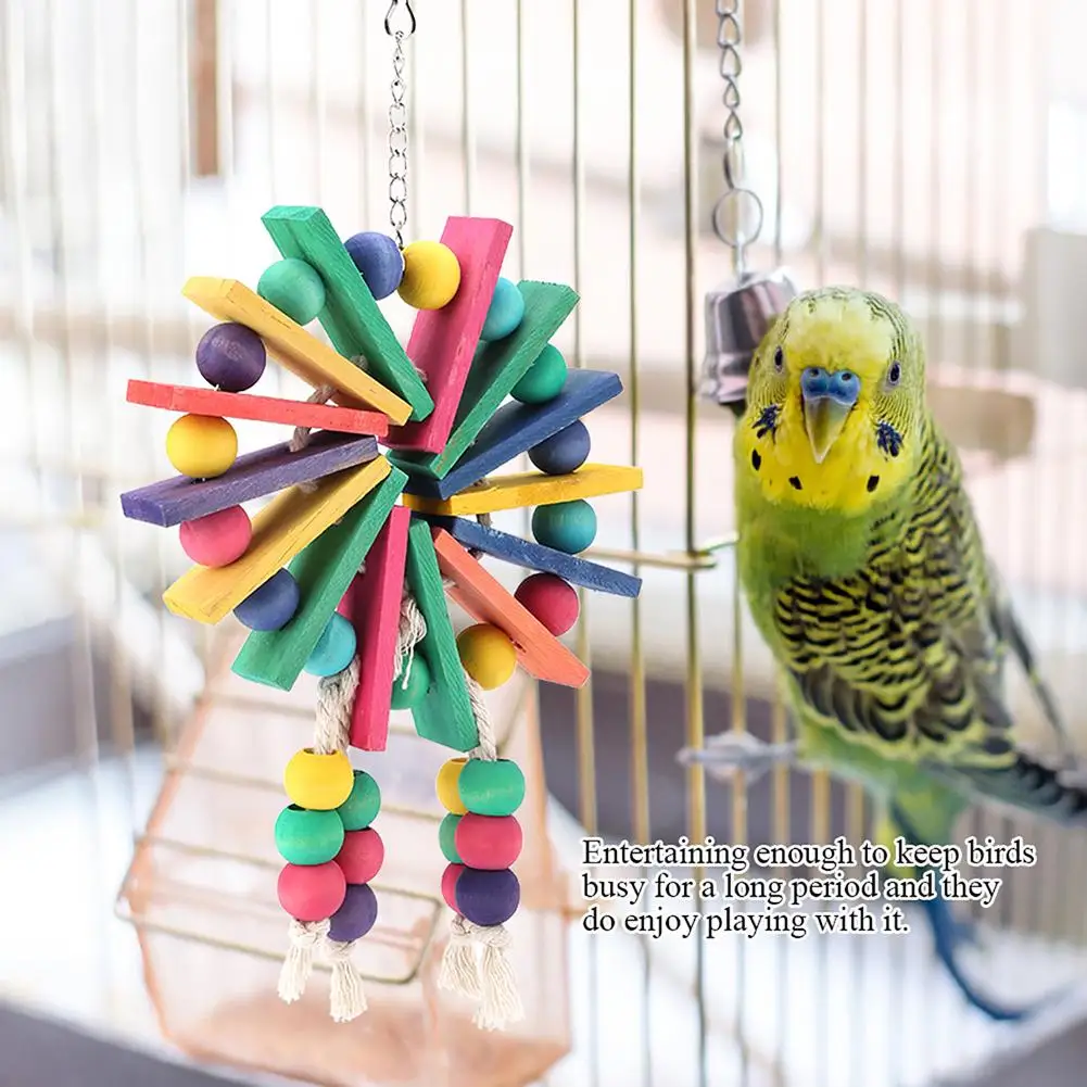 

Bird Parrot Wooden Hanging Cage Toys With Hook Multi-Color Natural Wood Blocks Chewing Toy Bird Cage Decoration Birds Toys