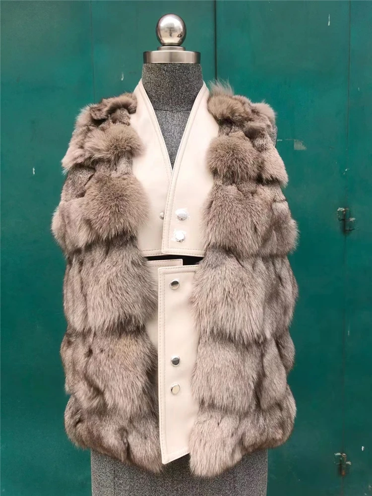 Fashion Real Fox Fur Vest High-end Women Sleeveless Fur Gilet Natural Genuine Sheepskin Fur Jacket Women Coat