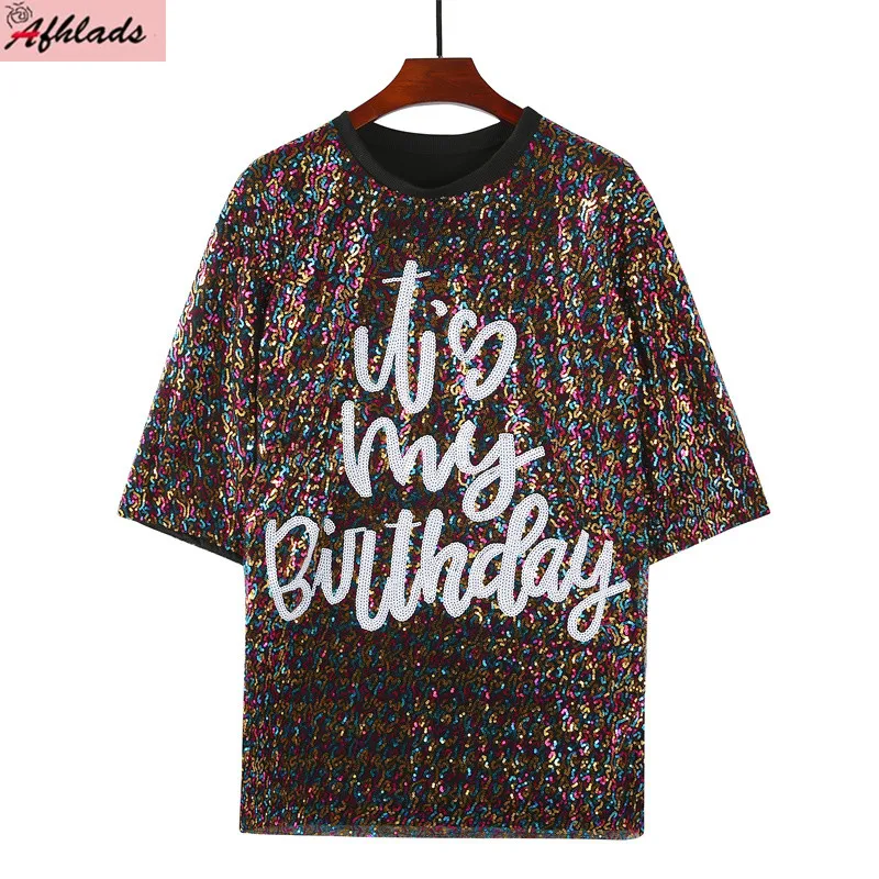 

Summer New Night Club Rainbow Sequins Hip Hop Short Sleeve Patchwork Letter Print Round Neck Straight Streetwear Women's Tops