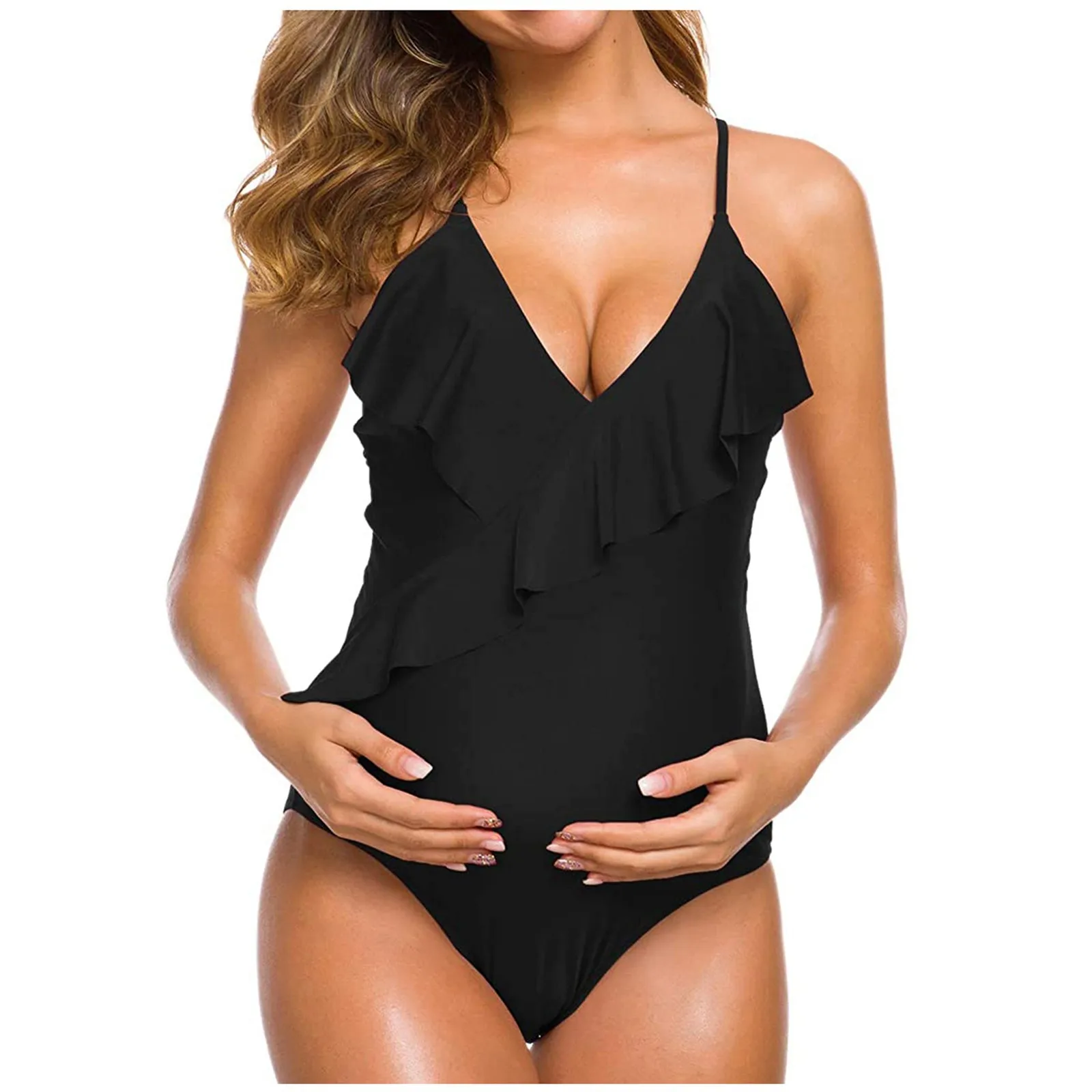 Plus Size Women One-Piece Swimsuits Ruffles Swimwear Maternity Beachwear Summer Deep V Neck Sexy One Piece Swimming Bathing Suit