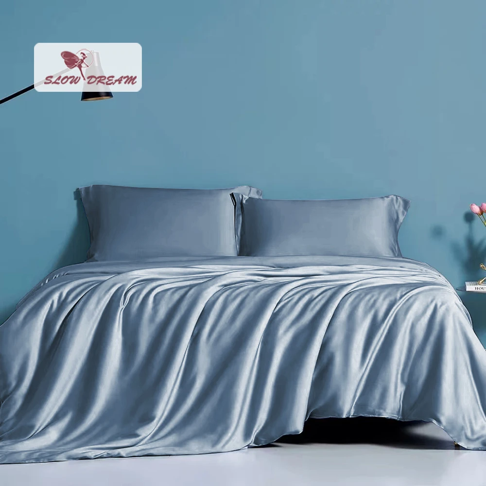 

SlowDream Women 100% Silk Bedding Set Elegant Blue Gray Duvet Cover Flat Sheet Fitted Sheet Pillwocase Queen King Bed Cover Set