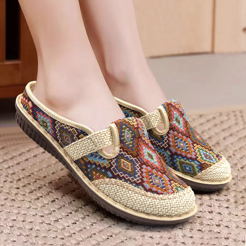 

Luxury Linen Woven Sandals Women Fashion Ethnic Embroidery Mules Colorblock Design Flat Shoe Bohemia Travel Slipper Gift for Mom