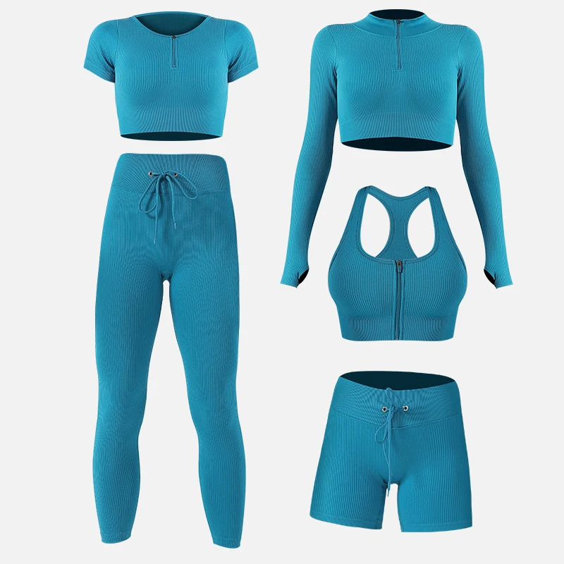 

2/3/4/5PC Women's Tracksuit Seamless Yoga Set Workout Sportswear Gym Clothing Drawstring High Waist Leggings Fitness Sports Suit