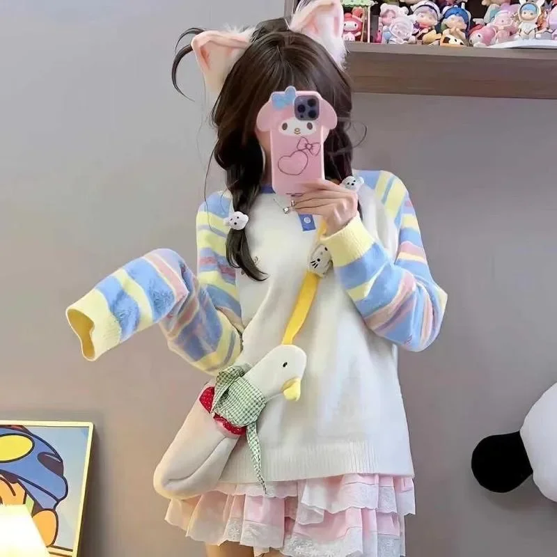 Осень/зима вязаный топ в радужную полоску с несколькими бочками консервативном