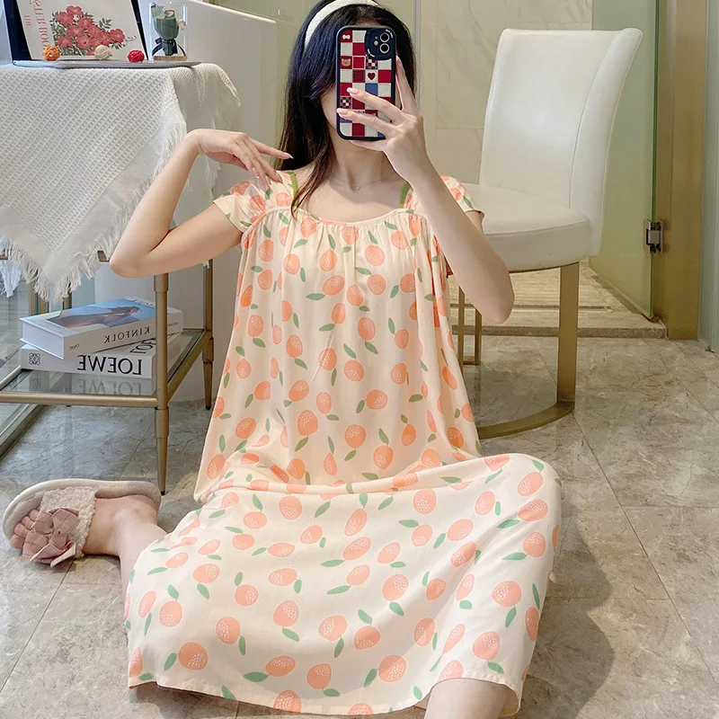 Square Neck Short Sleeve Attractive Nightwear New In Women's Sleepwear Big Size Clothing Thin Loose Nightgown Printing Homewear
