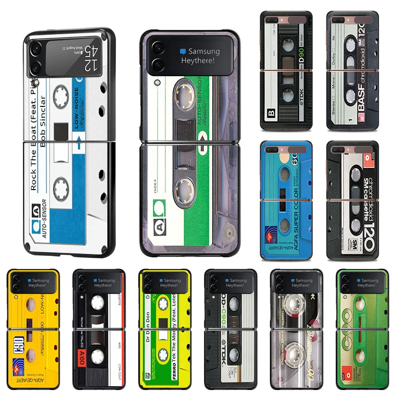 Black Anti-Drop Phone Case For Samsung Galaxy  Z Flip4 Flip 3 4 5G Classical Old Cassette Tape Painted Hard Shell Cover ZFlip3
