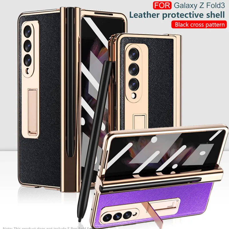 

Eletroplated Hinged Cross Leather Case for Samsung Galaxy Z Fold 3 S-Pen Slot Stand Holder Full Armor Hard Tempered Glass Cover