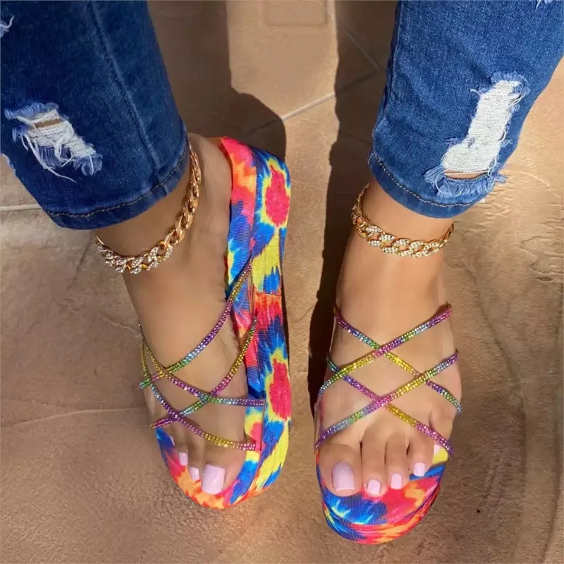 

Women Platform Shoes 2022 Summer New Print Rhinestone Bling Floral Fashion Elegant Sandals Leisure Ladies Beach Causual Slippers