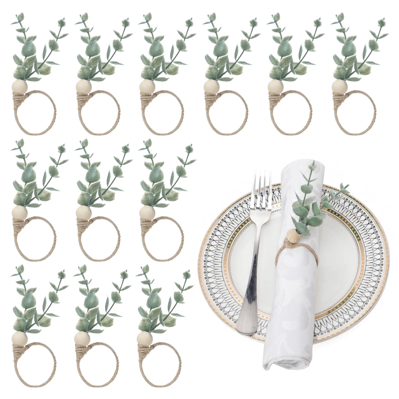 

12pcs Simulation Eucalyptus Wood Bead Napkin Buckle Reusable Easter Banquet Napkin Ring Home Living Room Dinner Decoration