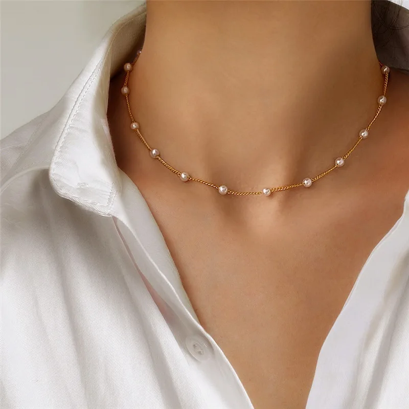 

New Simple Elegant Pearl Beads Chain Necklace Choker Double-Layer Pearl Pendant Gold Color Neck Collar Jewelry For Women Gift
