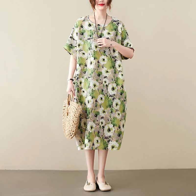 Женское винтажное платье из хлопка и льна тонкое Повседневное большого размера с