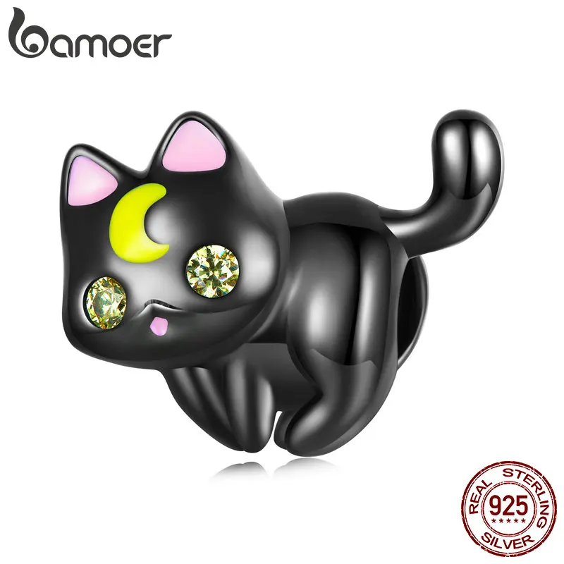 Bamoer 925 Sterling Silver Moon & Cat Charms fit for Women Original Bracelet & Bangle Cute Black Gold Plated Cat Beads SCC2386