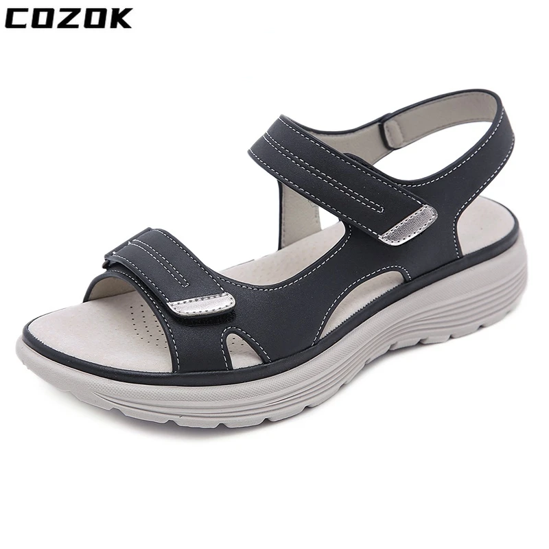 

Cozok 2022 Women's Ladies Mother Female PU Leather Sandals Shoes Platform Summer Cool Beach Hook Loop Non Slip Plus Size 41 42