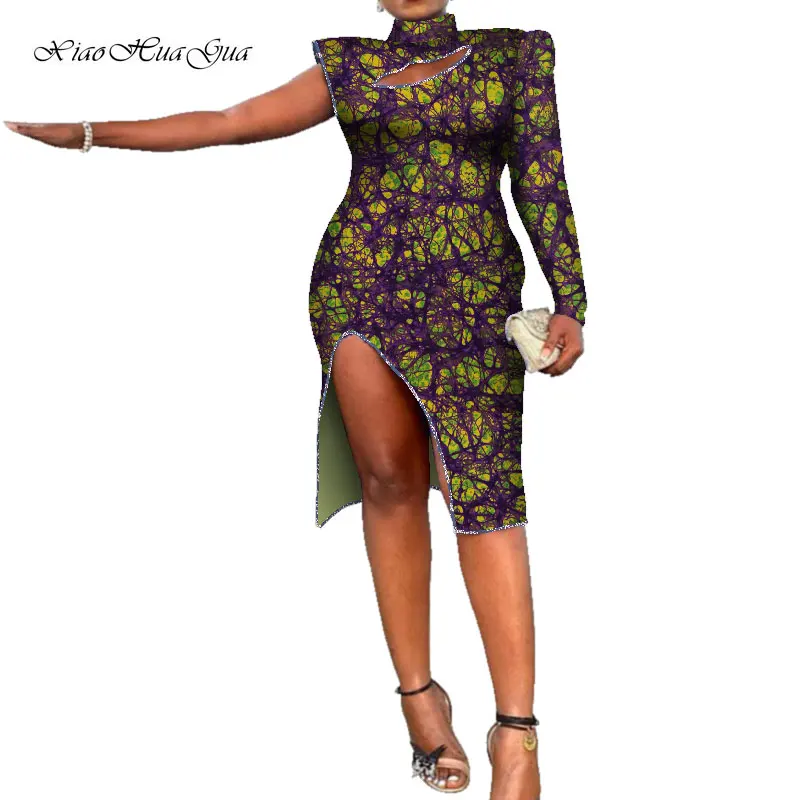 2020 Women African Dress One Long Sleeve Plus Size Split Dress Fashion Ankara Dress Lady African Clothes Slit Skirt WY7445