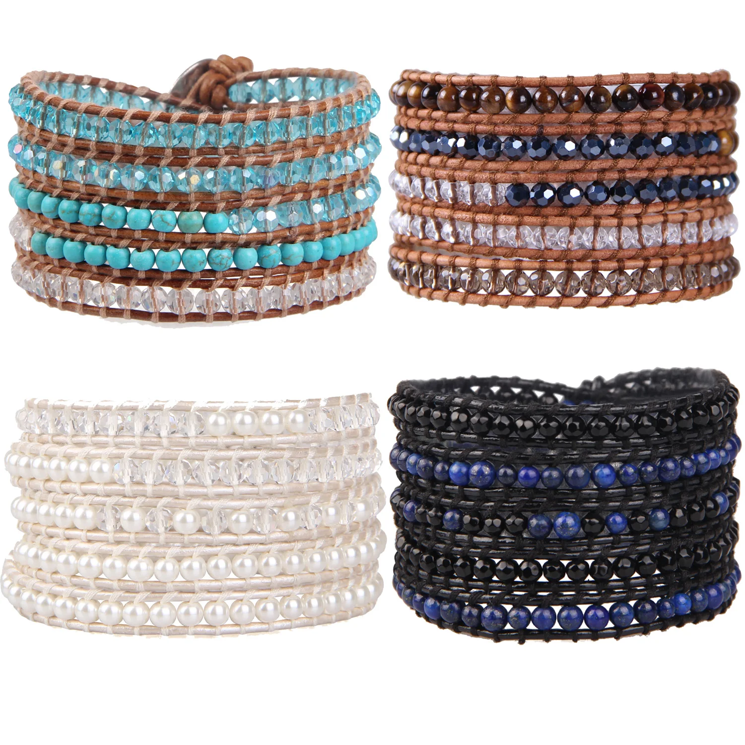 

KELITCH Fashion Jewelry Vintage Natural Stone Beads 5 Wrap Bracelet Women Man Adjustable Bangle Leather Bracelet Accessories