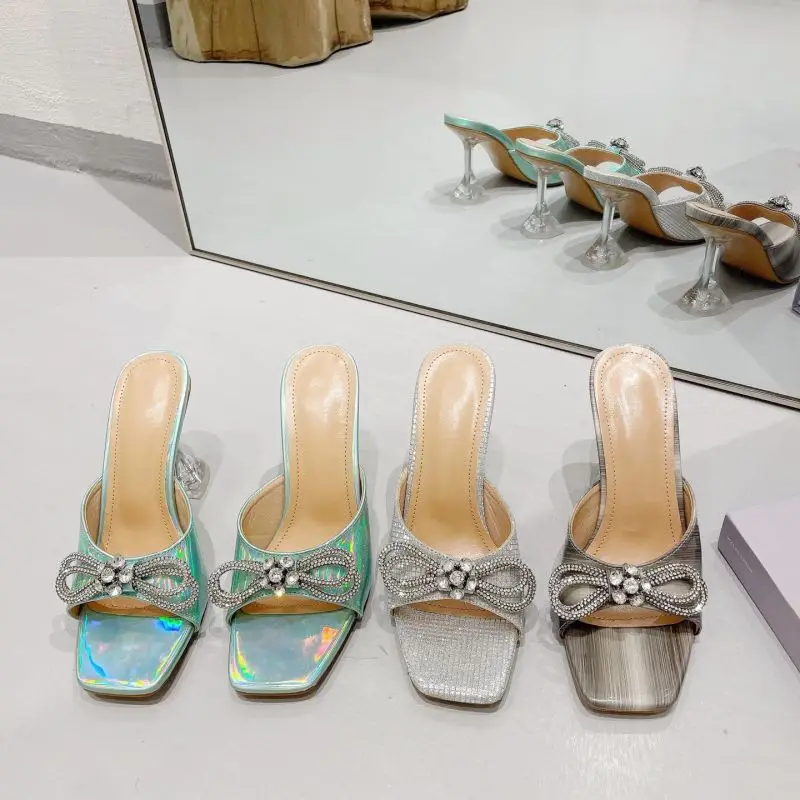 

New Summer Women's Fish Mouth Sandals, Fashionable Square Toe Rhinestone Bow Slippers, Crystal Stiletto Heels for Women