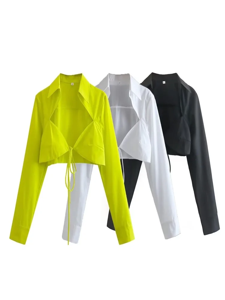

ZXQJ Women 2023 Fashion Sexy Solid Color Crop Shirts Vintage Long Sleeve Tied Female Shirts Blusas Chic Tops