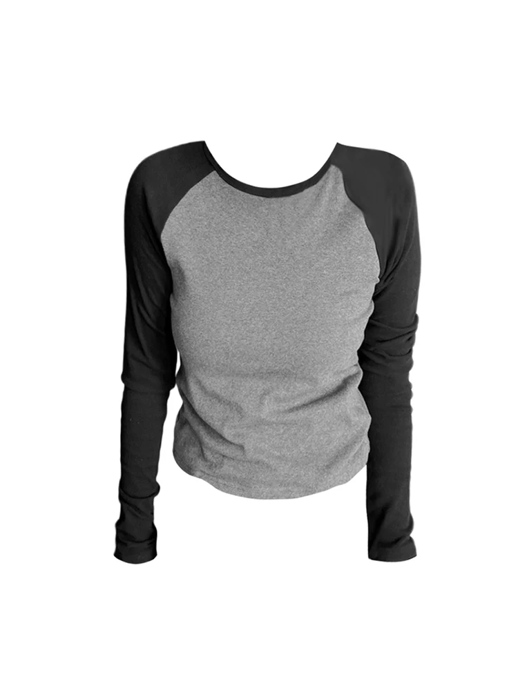 

2023 Retro Summer Women Contrasting Colors Crop Top Y2k Streetwear 2000s Aesthetic Sexy Hot Tide O-Neck Full Tees Autumn Winter