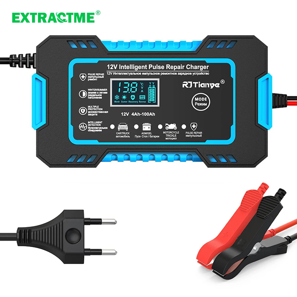 

Extractme 12V Car Motorcycle Battery Charger LCD Display Smart Fast Charge AGM Deep cycle GEL Lead-Acid Charger