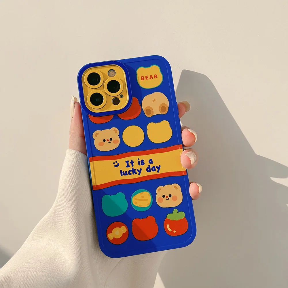 

Orginal Lucky Smiley Bear Cartoon Silicone Phone Case for iphone 8 7 plus 13 14 Pro Max 11 Promax 12 Mini X Xr Xs Max Cute Cover