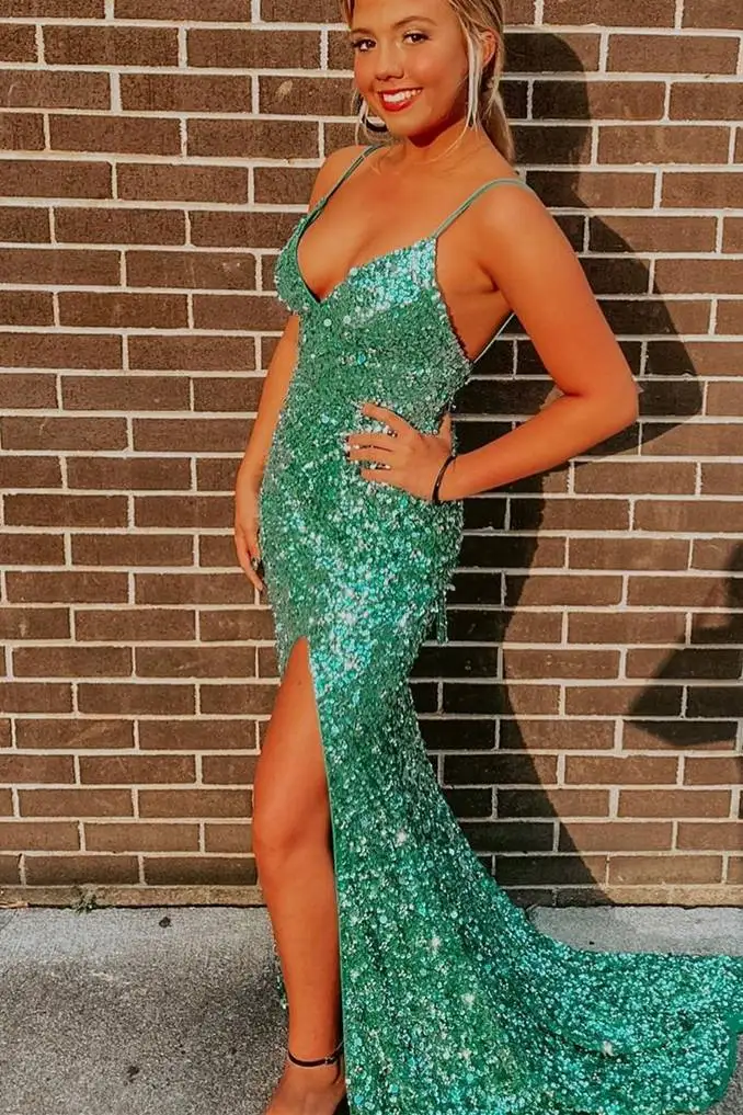 

Side Split Lace-up Back Sequins Party Dress