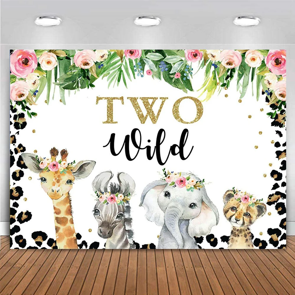 

Two Wild Backdrop for Girl Jungle Safari Animal 2nd Birthday Party Decor Pink Floral Leopard Photo Background Poster Wall Banner