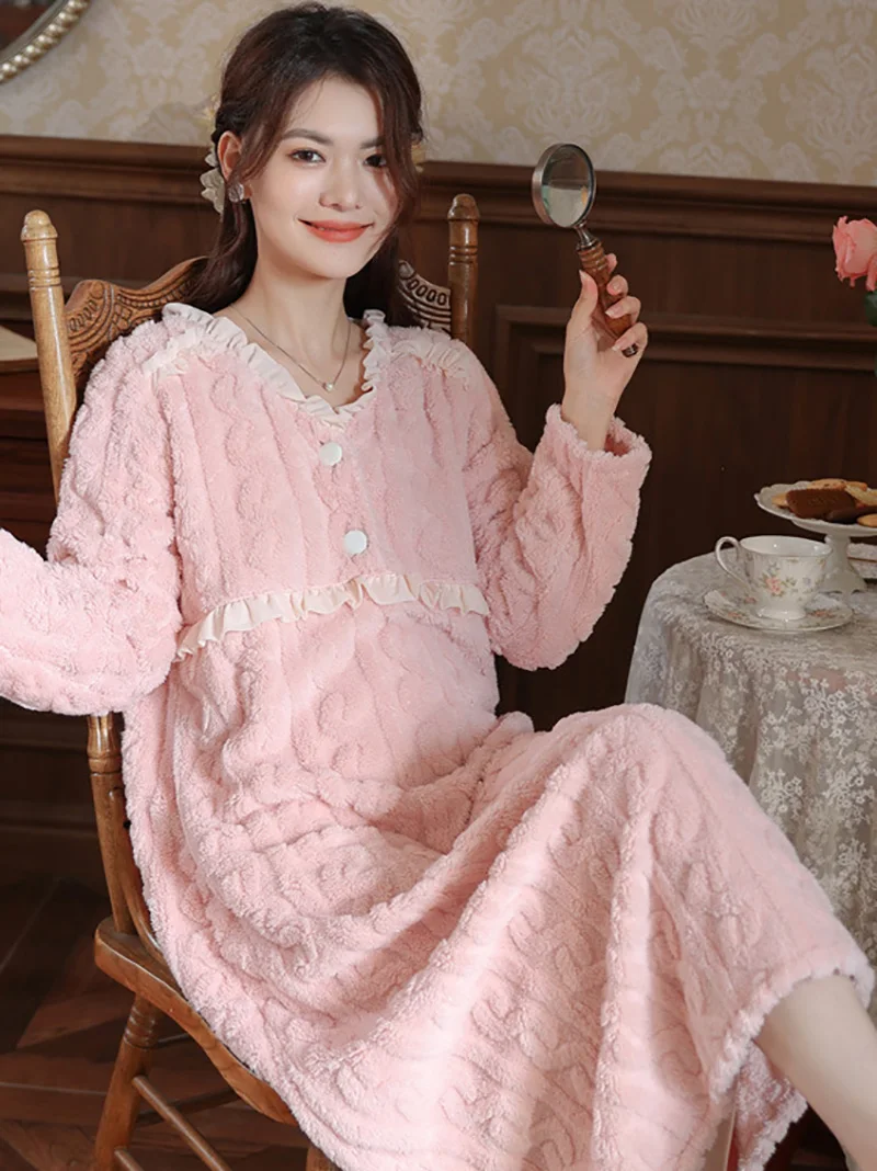 

Женская кружевная ночная рубашка в стиле феи, осенне-зимняя винтажная ночная рубашка принцессы из кораллового бархата, одежда для сна, женская одежда для сна