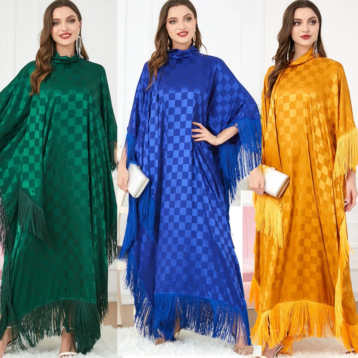 

Muslim Ramadan Dress Eid Djellaba Abaya Dubai Bat Sleeve Abayas for Women Jilbab Islam Clothes Tassel Satin Long Dresses Robe