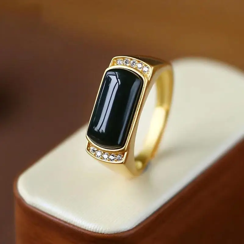 

New Classic Luxury Natural Black Stone Inlaid Metal Gold Plated Open Rings for Men Personality Charm Anniversary Jewelry Gift