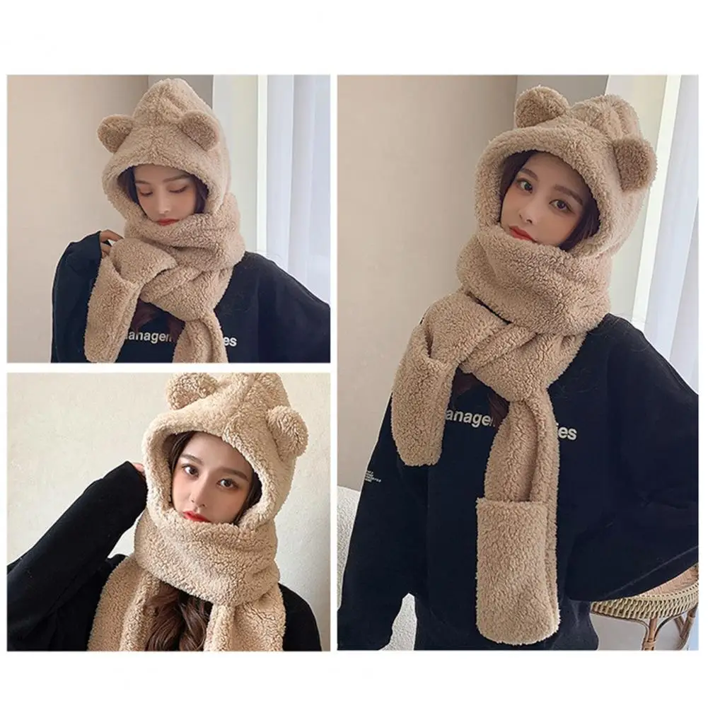 

Plush Scarf Hat 3 in 1 Hooded Scarf Gloves Autumn Winter Cartoon Bear Ear Girls Plush Scarf Hat Gloves