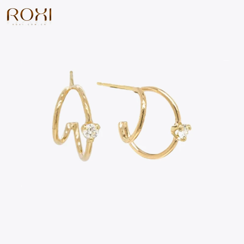 

ROXI Punk Geometric Zircons Stud Earring For Women 925 Sterling Silver 18K Gold Color 1Pair C Shape Piercing Earring Jewelry