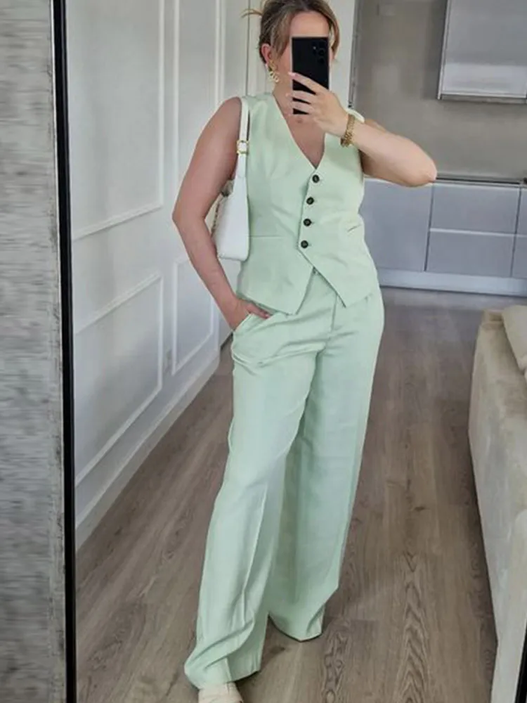 

Elegant Solid Women's Two Piece Sets Chic V-necked Sleeveless Vest Top Wide Leg Pants Suit 2023 office Lady Fashion outfits