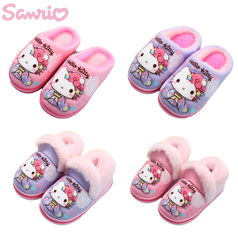 

Sanrio Hello Kitty Cotton Slippers Children Autumn and Winter Cartoon Cute Slippers Package Heel Girls Home Shoes Warm Shoes