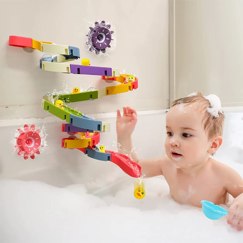 

Baby Bath Toys DIY Blocks Slide Race Run Assembling Orbit Yellow Ducks Slide Bathroom Bathtub Kids Play Water Game Toy Set