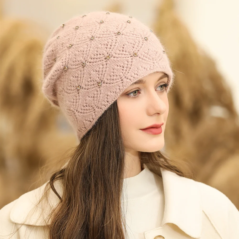 

New Women Winter Hat Streetwear Rabbit Fur Blend Warm Cap Fashion Decorate Beanie Hat For Female Casual Knitted Hat