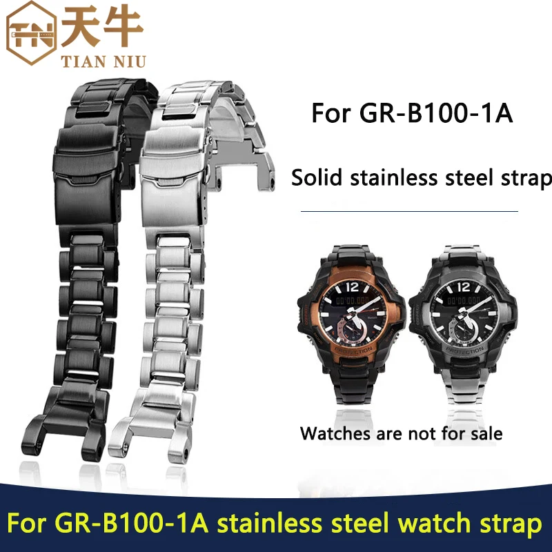 Фото Ремешок из нержавеющей стали GR-B100 с вырезом для G-SHOCK Casio, ремешок для часов GR-B100-1A, мужской браслет, черный/серебристый, подарочные инструменты №1