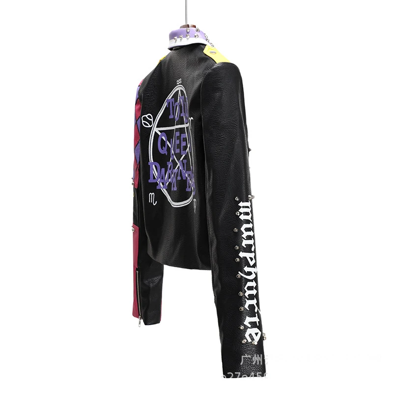 Punk Studded Biker Jacket Women Short Slim-fit 2023 Trend Streetwear Contrast Color Stitched Faux Leather Printed Leather Jacket