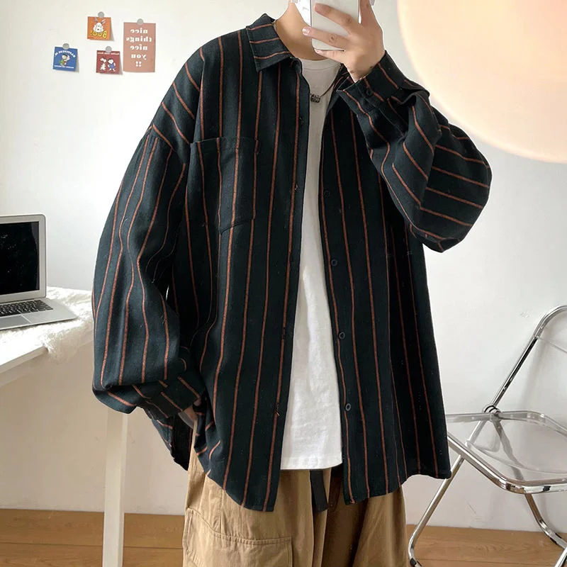 

NoEstaMal New Stripe Shirt For Men Harajuku Casual Loose Male Cardigan Shirt Japanese Long Sleeve Vintage Streetwear Man Clothes