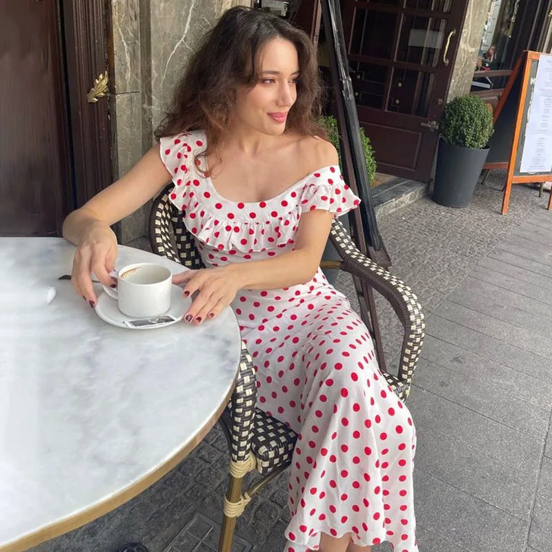 

Sexy Print Off Shoulder Women Dress Backless Polka Dot Ruffles Maxi Dress Female Spring Summer Casual Elegant Streetwear