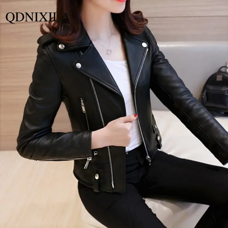 Enlarge Autumn Winter 2022 New Korean Version of Women's Washed Leather PU Leather Jacket Women Short Slim Jacket Motorcycle Jacket