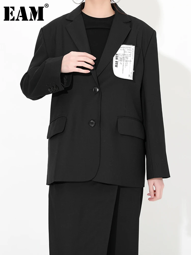 

[EAM] Women Black Back Slit Big Size Blazer New Lapel Long Sleeve Loose Fit Jacket Fashion Tide Spring Autumn 2022 1DE141201