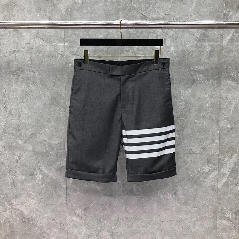 TB THOM Summer Shortes Male Fashion Brand Plain Weave White 4-Bar Formal Knee Length Solid Straight Trousers Suit Shorts