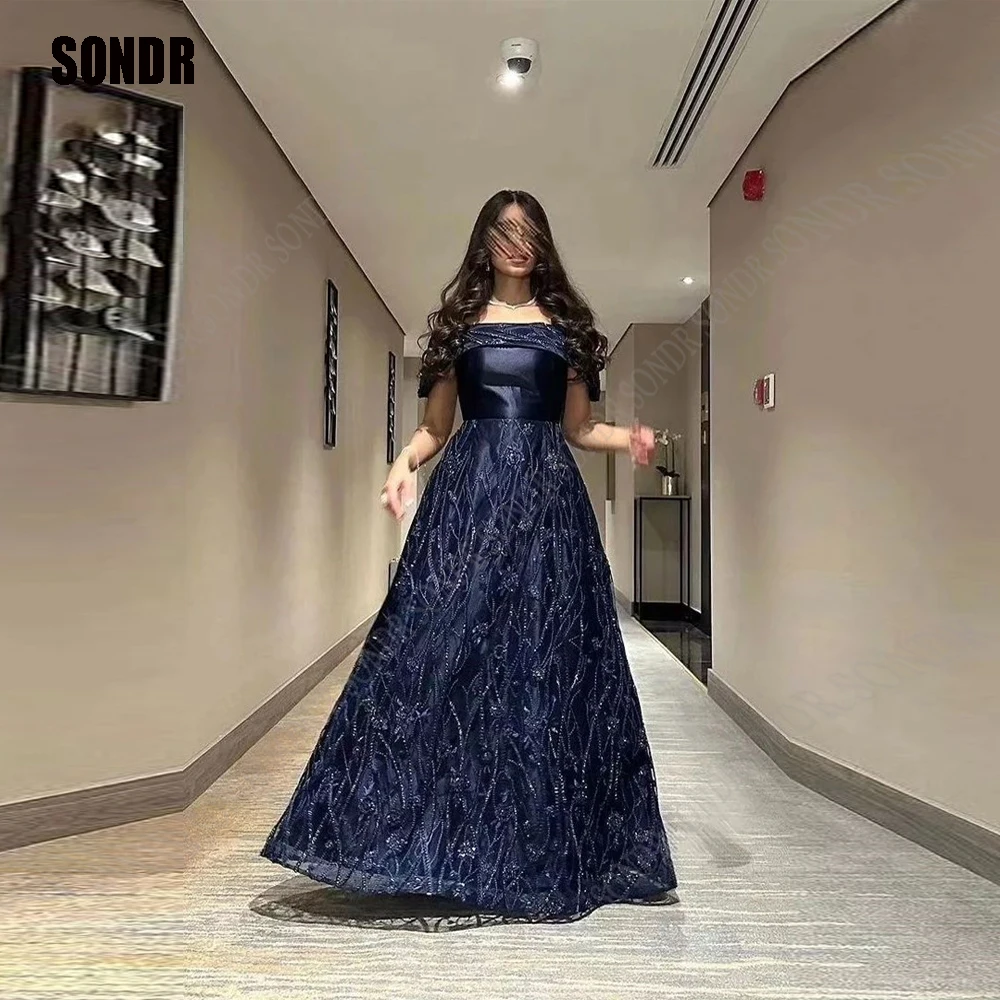 

SONDR Vintage Navy Blue Evening Dresses Off Shoulder Sleeveless Floor Length Abendkleider Dubai Elegant Party Dress Women 2023