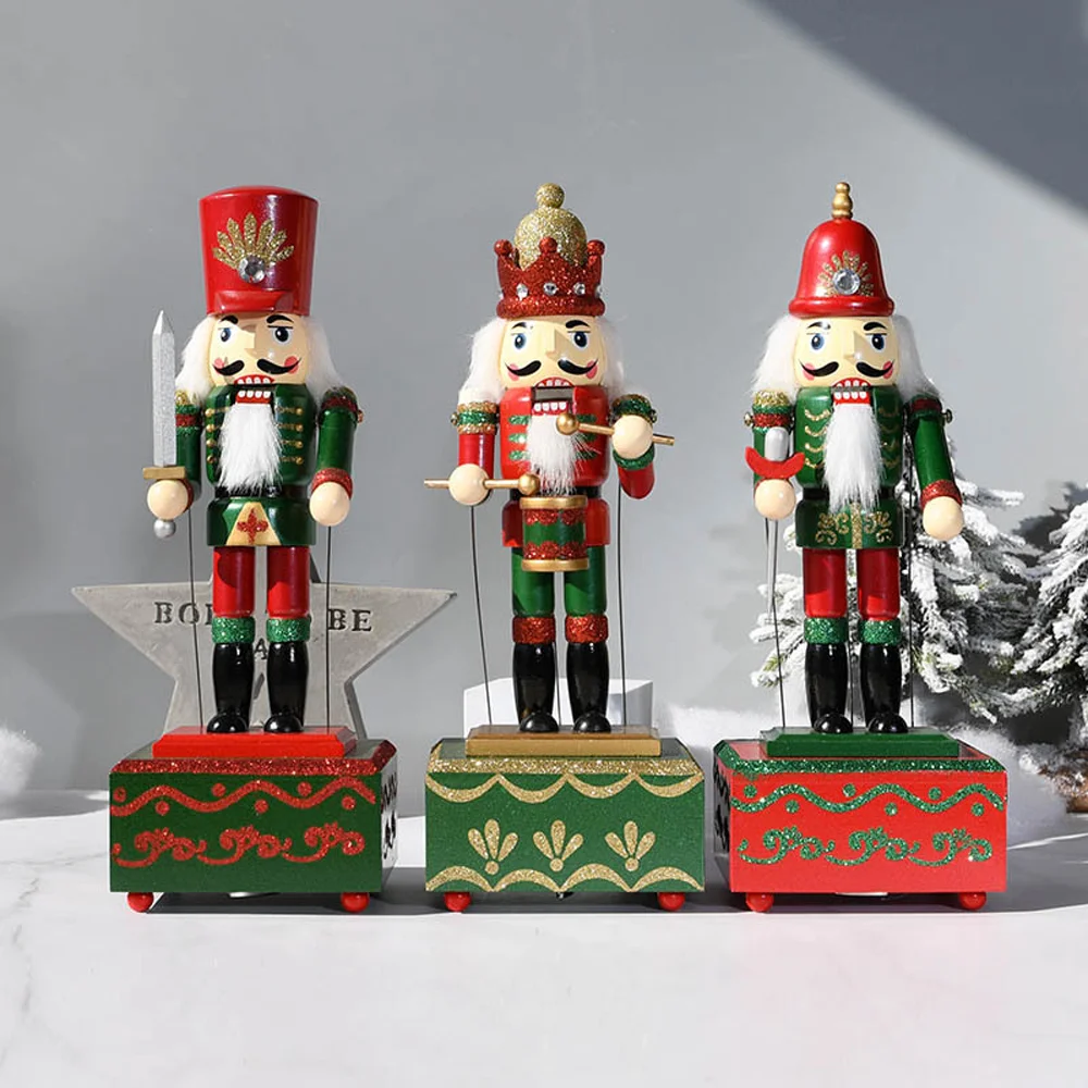 

36CM Nutcracker Music Box Antique Carved Wooden Nutcracker Soldier Music Box Ornament Christmas Gift Home Decoration Figurine